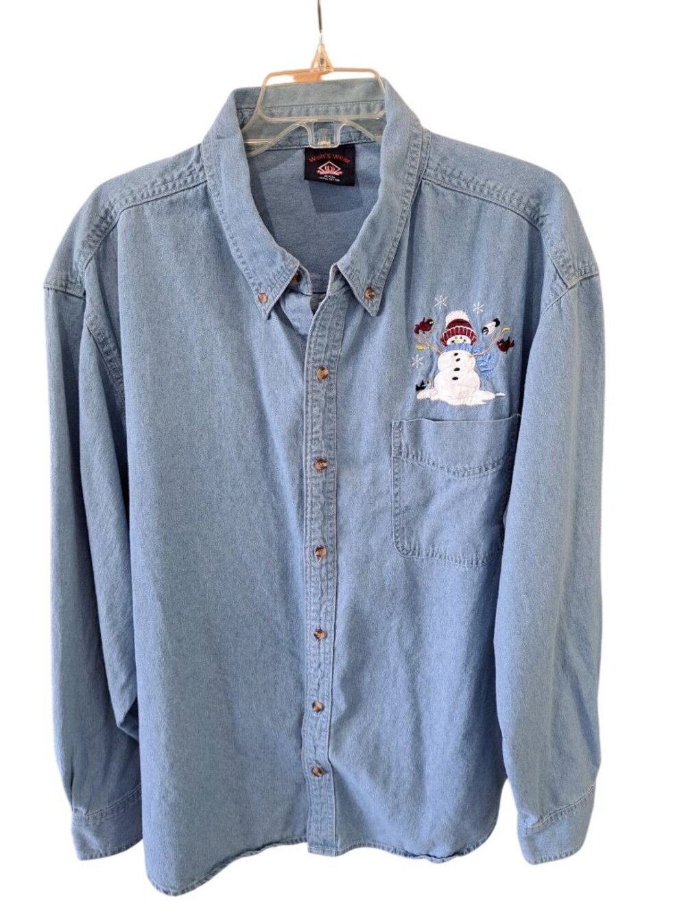 Won's Wear Womens 2XL Denim Button-Up Shirt  Snowman Embroidery Cotton Cardinal